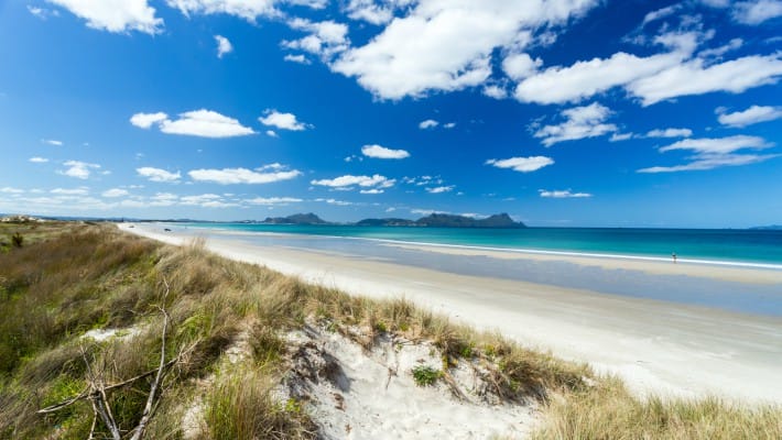 An idyllic uncrowded beach in Whangarei, New Zealand
