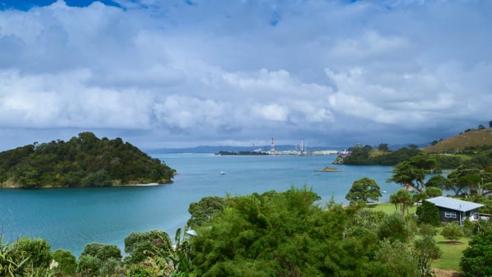 A coastal scene looking out towards the port from Whangarei Heads, New Zealand