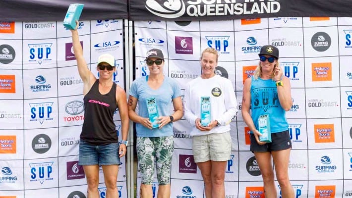 Angela Jackson proudly flaunts her victory at the 2017 Australian National SUP Championship
