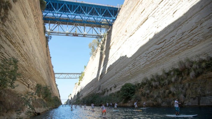 Competitors go head-to-head and make their way through the imposing Corinth Canal in Greece for the 7th Annual Corinth Canal SUP Crossing 2017