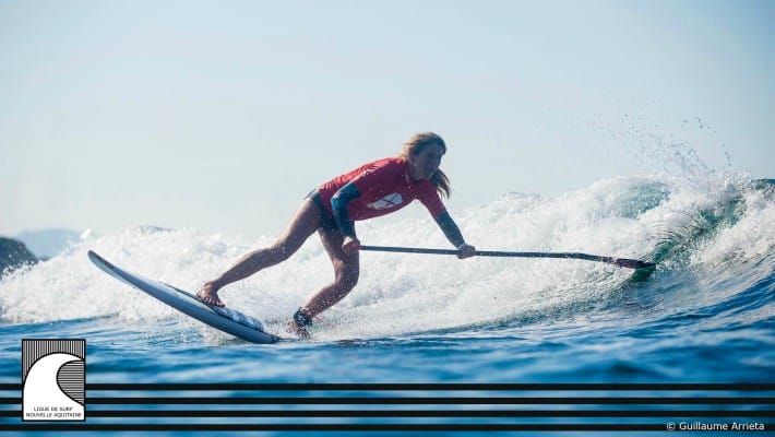 French SUP Surf champion 2017 Delphine Macaire demonstrating her skills in Aquitaine, France