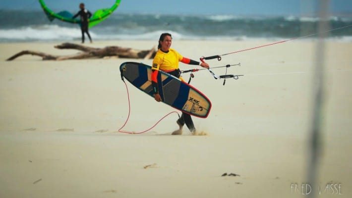 French SUP Surf champion 2017 Delphine Macaire kitesurfing in Aquitaine, France