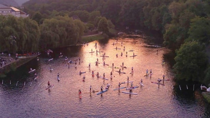 Paddlers assemble at the finish line of the 2017 Dordogne Intégrale race in France