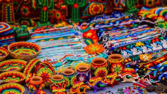 Traditional Mexican wares are sold at a stand in the seaside town of Sayulita, Mexico
