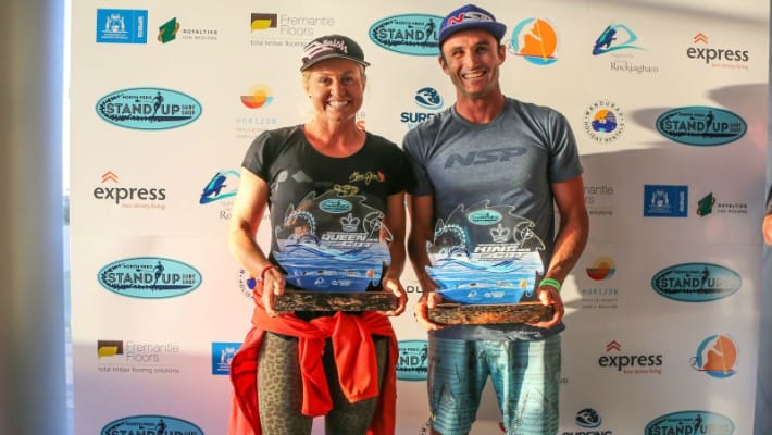 Australian SUP rider Karla Gilbert and New Caledonian SUP rider Titouan Puyo pose with their prizes at the 2016 King of the Cut