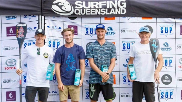 Michael Booth poses with fellow SUP riders, including rising star Lincoln Dews, upon winning the 2017 Australian SUP Championship
