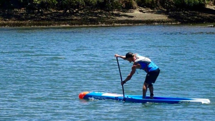 Starboard SUP rider Michael Booth makes awesome strides during a flatwater training session