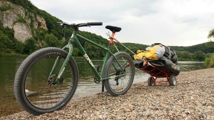 Mark Hines bicycle, a necessary accompaniment while travelling through France in order to complete his Danube SUP mission on schedule