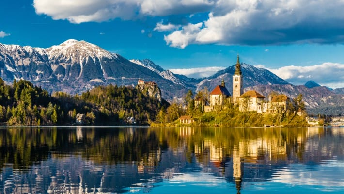 The picturesque setting of Lake Bled in Slovenia