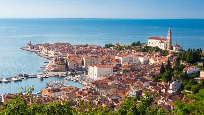 The quaint coastal town of Piran, Slovenia, viewed from above in the summer months