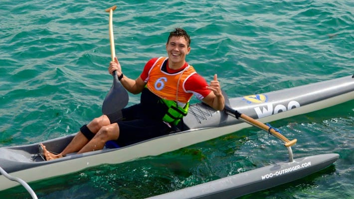 Paul Lenfant sits aboard the Rafale, another model French outrigger canoeing brand Woo