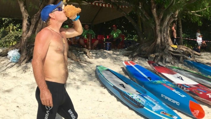 Bart de Zwart enjoys a refreshing coconut at the end of the final day's activities during Ironmana 2017