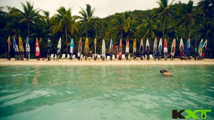 Competitors wait along the shore before setting out on the SUP trial at Ironmana 2016